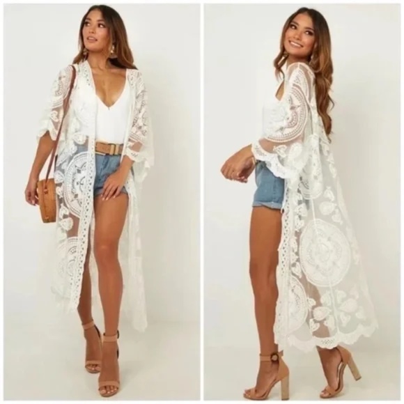 Scalloped Sheer Mesh Lace Boho Kimono Coverup Wrap - Picture 1 of 7